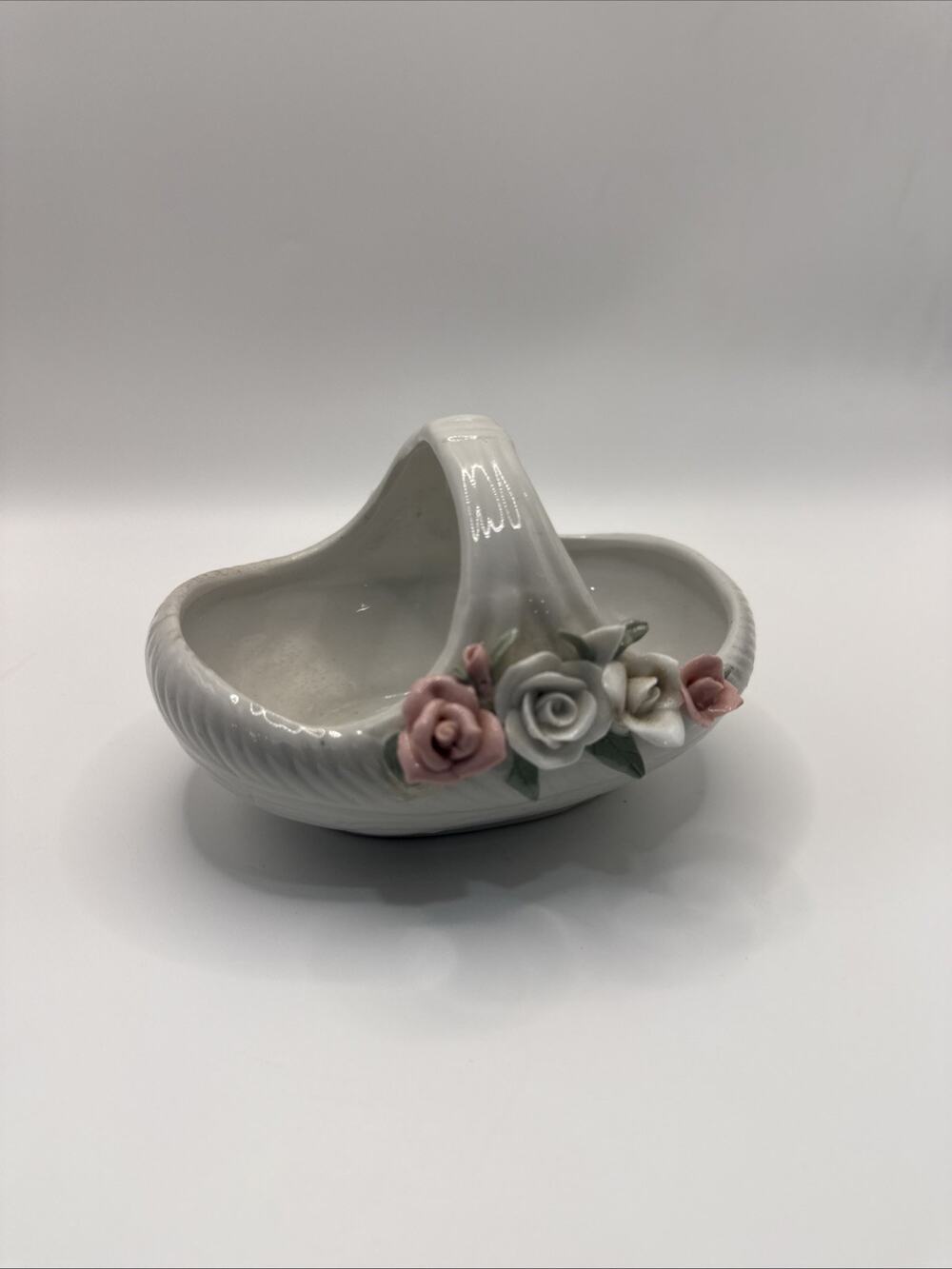 White Porcelain Basket with Pink & White Roses 5”